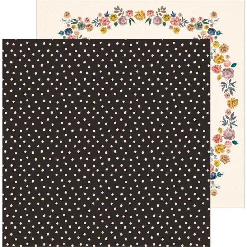 May include: A black and white patterned paper with white polka dots on a black background. The paper has a floral border with pink, yellow, and orange flowers on a cream background.