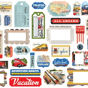 Carta Bella ALL ABOARD Collection Ephemera, Frames & Tags, 33 Pieces, Retro/Vintage Train Scrap and Papercraft