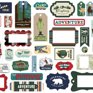 Carta Bella OUTDOOR ADVENTURES Collection Frames & Tags, 33 Die Cut Cardstock Pieces, Retro/Vintage Outdoors/Camping Scrap and Papercraft