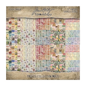 May include: A Tim Holtz idea-ology Palette Collection paper pack featuring 12 double-sided 12x12 inch sheets. The paper displays various patterns including vintage postage stamps, ticket stubs, floral motifs, and ephemera in a multi-color palette.