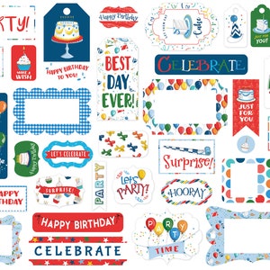 Carta Bella LET'S Celebrate Collection Frames & Tags, Die Cut Tags, 33 Pieces, Birthday Theme Scrap and Papercraft, Birthday Paper Tags