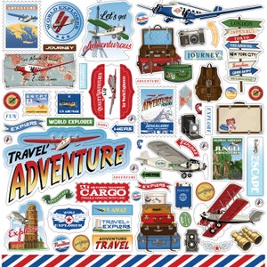 Carta Bella Our Travel ADVENTURE Collection 12X12 Sticker Sheet, Retro/Vintage Travel Theme Scrapbook and Papercraft, Travel Stickers