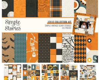 May include: A collection of 101 Halloween themed scrapbook paper and embellishments in a 12x12 inch size. The papers feature a variety of patterns, including orange and black plaid, polka dots, and skeletons. The embellishments include stickers, chipboard, and die cuts.
