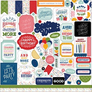 May include: A colorful set of birthday stickers with various designs, including balloons, candles, banners, and text like "Happy Birthday" and "Celebrate".