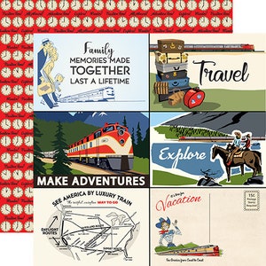 6 Assorted Sheets! Carta Bella ALL ABOARD Collection, 12X12 Double-sided Retro Train Travel Theme Scrap and Papercraft, Train Theme Paper