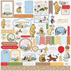 May include: A set of Winnie the Pooh themed scrapbook stickers featuring various characters and quotes from the book. The stickers are colorful and feature a variety of designs, including Winnie the Pooh, Piglet, Tigger, Eeyore, and more. The stickers are perfect for adding a touch of whimsy to any scrapbook or craft project.