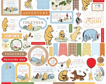 May include: A set of Winnie the Pooh themed scrapbook stickers featuring various characters and quotes from the book. The stickers are colorful and feature a variety of designs, including Winnie the Pooh, Piglet, Tigger, Eeyore, and more. The stickers are perfect for adding a touch of whimsy to any scrapbook or craft project.