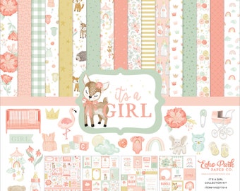 May include: A collection kit for a baby girl, featuring twelve 12x12 double-sided papers and a 12x12 element sticker sheet. The design includes floral patterns, baby-themed illustrations, and the phrase "It's a Girl."