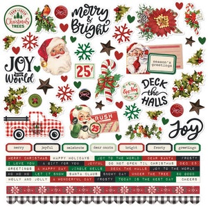 May include: A sheet of Christmas themed stickers with red, green, and white colors. The stickers feature various holiday images, including a truck, a candy cane, a star, a bell, a Christmas tree, and a Santa Claus. The stickers also include the text "Merry & Bright", "Joy to the World", "Deck the Halls", and "Season's Greetings".