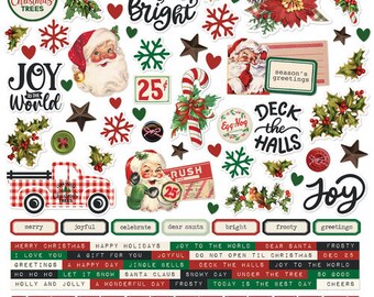 Hoja de calcomanías vintage de 12 x 12 con texto "Querido Papá Noel" de Simple Stories, calcomanías navideñas de cartulina retro/vintage, manualidades navideñas con papel y recortes