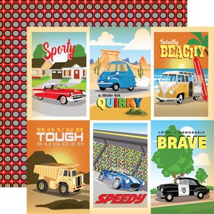4 Assorted Sheets! Carta Bella CARTOPIA Collection, 12X12 Double-sided Vintage Car/Retro Race Scrapbook, Vintage Car Papercraft
