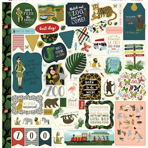 Echo Park Paper Co. ANIMAL Safari Collection Element Stickers, 12X12 Sticker Sheet, Zoo/Animal Safari Stickers, Zoo Scrap and Papercraft