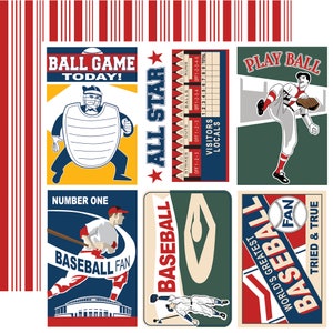 6 Assorted Sheets! Carta Bella Home Run Collection, 12X12 Double-sided Retro Baseball Scrapbook, Vintage Baseball Papercraft