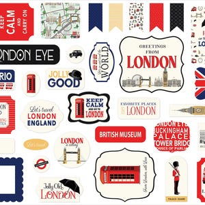 Carta Bella LONDON Collection Ephemera, 33 Die Cut Cardstock Pieces, Retro/Vintage Travel Scrap and Papercraft, London Theme Papercraft
