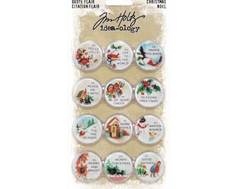 Tim Holtz idea-ology Quote Flair, CHRISTMAS, 12 Pieces, Vintage-Style Buttons for Mixed Media, Tim Holtz Quote Flair, Christmas 2021