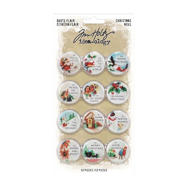 Tim Holtz idea-ology Quote Flair, CHRISTMAS, 12 Pieces, Vintage-Style Buttons for Mixed Media, Tim Holtz Quote Flair, Christmas 2021
