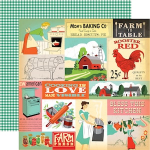 6 Assorted Sheets! Carta Bella Country Kitchen Collection, 12X12 Double-sided Vintage/Retro Kitchen Theme Scrapbook and Papercraft