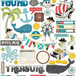 May include: A set of colorful pirate-themed stickers featuring a ship, an anchor, a whale, a treasure chest, an octopus, a palm tree, a pirate, and the words "Found", "Set Sail", "Over Here", "Treasure", "This Way", and "Anchors Aweigh".