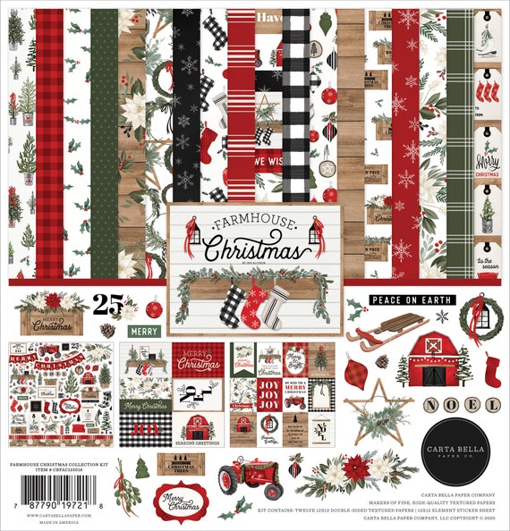 Carta Bella Paper Co. FARMHOUSE Christmas Collection Kit, Twelve 12X12  Double-sided Sheets and 12X12 Sticker Sheet, Christmas Papercraft 