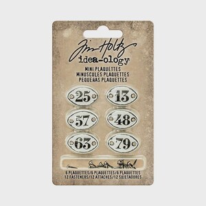 Tim Holtz idea-ology Mini Plaquettes, 6 Plaquettes and 12 Fasteners, Vintage Inspired Assemblage, Tim Holtz Metal Plaquettes