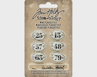 Tim Holtz idea-ology Mini Plaquettes, 6 Plaquettes and 12 Fasteners, Vintage Inspired Assemblage, Tim Holtz Metal Plaquettes