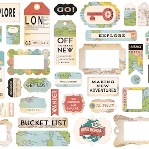 Carta Bella Paper Co. CARTOGRAPHY Collection Ephemera, Frames & Tags, 33 Pieces, Retro/Vintage Travel Die Cuts, Map/Travel Theme Papercraft