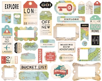 Carta Bella Paper Co. Colección CARTOGRAFÍA Ephemera, marcos y etiquetas, 33 piezas, troqueles de viaje retro/vintage, manualidades con temas de mapas/viajes