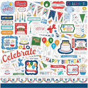 Carta Bella Paper Co. LET'S Celebrate 12X12 Sticker Sheet, Celebration/Birthday Theme Scrapbook and Papercraft, Birthday Stickers