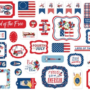 Carta Bella GOD BLESS AMERICA Collection Ephemera,  33 Pieces, July 4/Americana/Patriotic Scrap and Papercraft, Patriotic Paper Tags