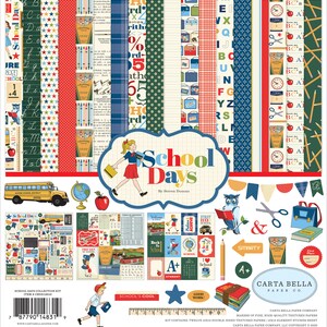 Carta Bella Paper Co. School Days Collection Kit, Twelve 12X12 Double-sided Sheets, 12X12 Sticker Sheet, School Theme Scrap and Papercraft