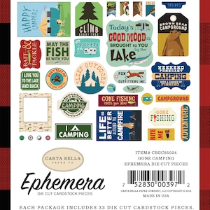 Carta Bella GONE CAMPING Collection Ephemera,  33 Pieces, Retro/Vintage Camping/Outdoors/Fishing Scrap and Papercraft