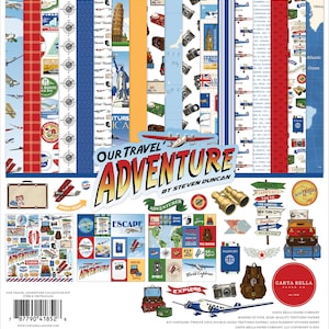 Carta Bella Our Travel ADVENTURE Collection Kit, Twelve 12X12 Double-sided Sheets and 12X12 Sticker Sheet, World Travel Scrap and Papercraft