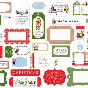 May include: A set of 20 printable gift tags featuring Winnie the Pooh and friends. The tags are decorated with various Christmas themes, including holly, snowflakes, and plaid patterns. The tags are perfect for adding a personal touch to your gifts this holiday season.