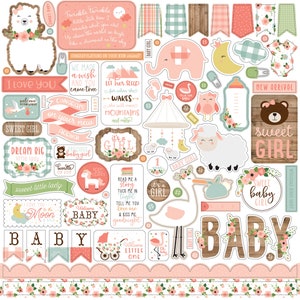 Echo Park Paper Company Baby GIRL Collection Element Stickers, 12X12 Sticker Sheet, Baby Girl Scrap and Papercraft, Baby Girl Sticker Sheet