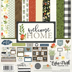 May include: Welcome Home collection kit by Echo Park Paper Co. featuring twelve 12x12 double-sided papers, a sticker sheet, and a variety of patterned papers with floral, geometric, and plaid designs. The kit includes a welcome sign with the text "Welcome Home" and a variety of other elements, including a heart, a basket, and a sign that says "Love This".