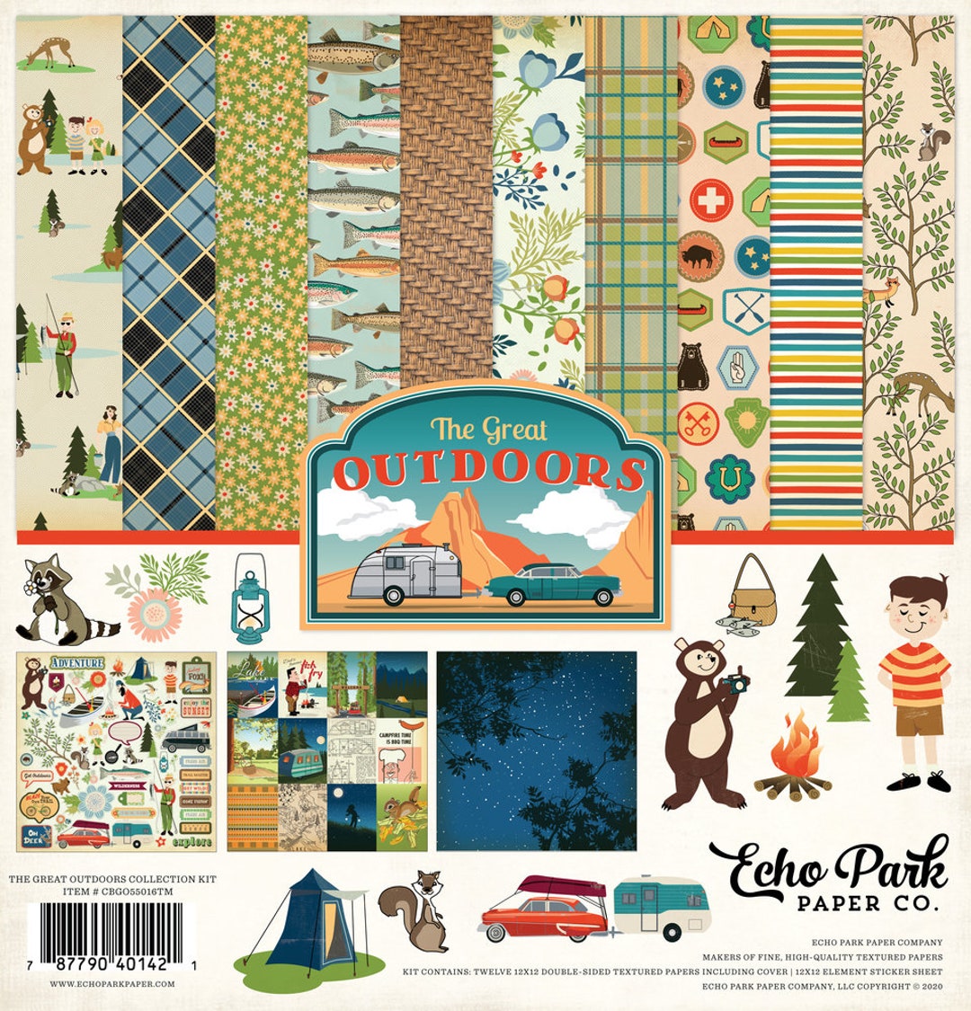 Echo Park Paper Co. the Great OUTDOORS Collection Kit, Eleven 12X12  Double-sided Sheets, 12X12 Sticker Sheet, Outdoors/camp Theme Papercraft 