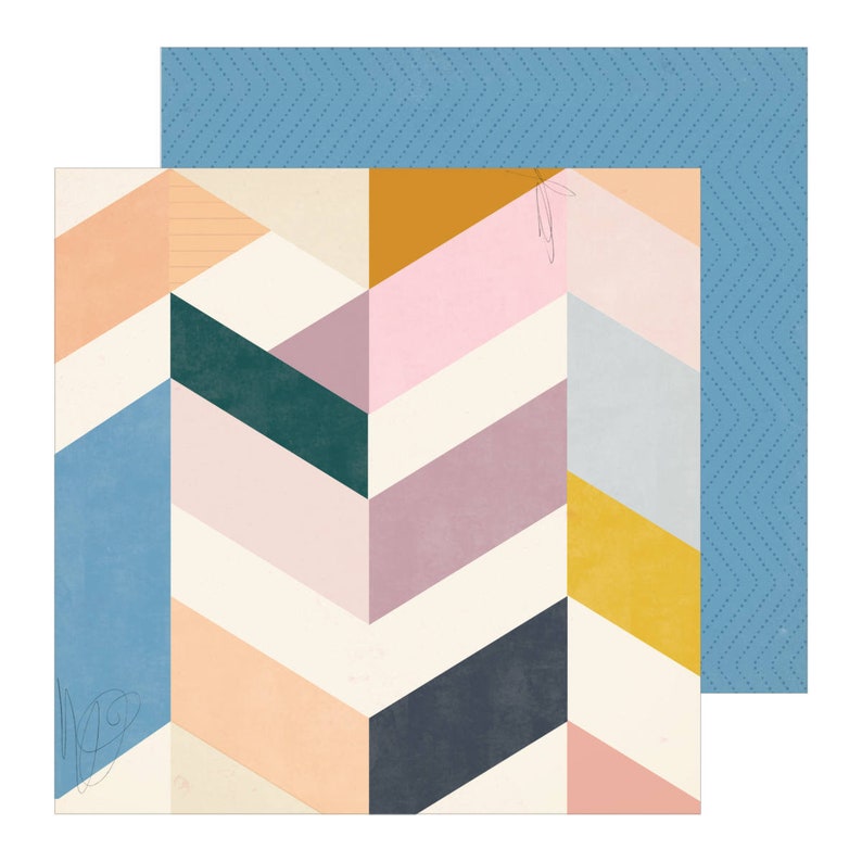May include: A geometric pattern with a chevron design in shades of blue, pink, yellow, and green. The pattern is on a white background.
