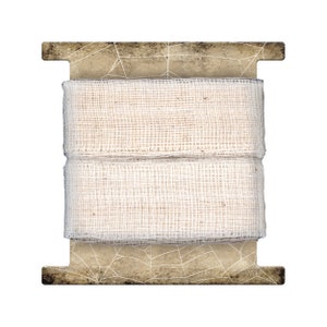 May include: A roll of off-white gauze bandage wrapped around a decorative, aged-looking spool. The spool has a light brown, textured appearance with a spiderweb design.