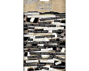 Tim Holtz idea-ology Metallic Sticker Book, 6 Pages, Word/Phrase and Frame Stickers with Gold Metallic Accents, Tim Holtz Metallic Stickers