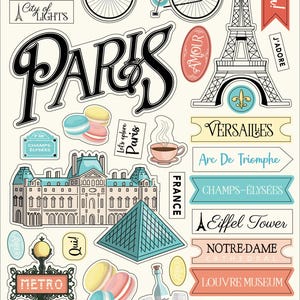 Carta Bella PARIS Collection Chipboard Accents, Adhesive Chipboard Pieces, Paris/Travel Theme Scrapbook and Papercraft