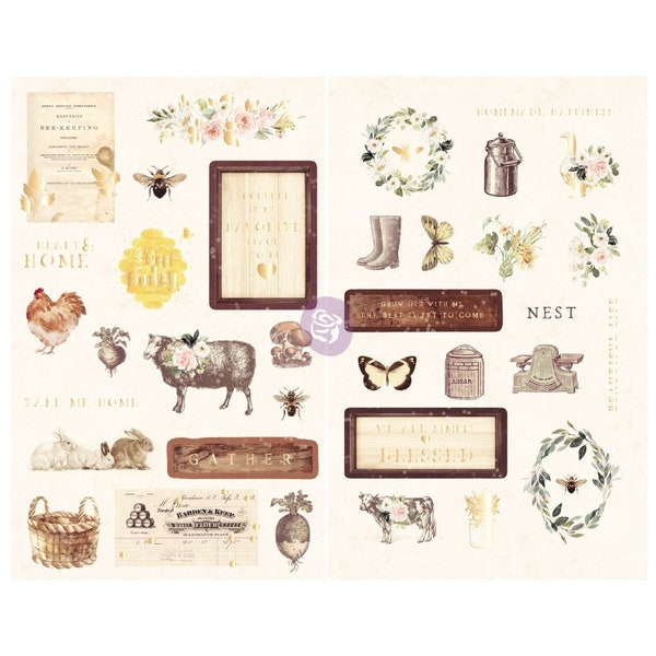 Prima Marketing Inc. Spring Farmhouse Collection by Frank Garcia Chipboard Stickers, 35 Pieces, Farmhouse Theme Chipboard Stickers