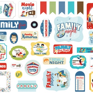 Carta Bella FAMILY Night Collection Ephemera, 33 Pieces, Retro/Vintage Family Theme Die Cut Tags, MCM Family Ephemera