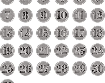 Tim Holtz idea-ology Countdown Brads, 31 Brads, Vintage Inspired Assemblage, Christmas Assemblage, Antique Nickel Number Brads, Retired