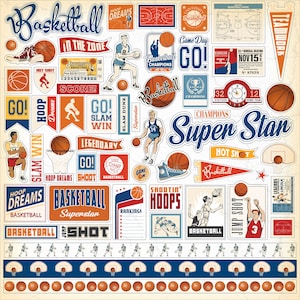 Carta Bella SLAM DUNK Collection 12X12 Sticker Sheet, Vintage Basketball Theme Scrapbook and Papercraft, Retro Basketball Stickers