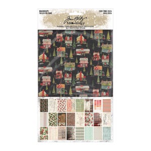 May include: A pack of 24 double-sided Christmas themed paper sheets from Jim Holtz idea-ology. The front sheet features a black background with a repeating pattern of colorful houses and trees. The back of the pack shows 24 different paper designs, including red and white stripes, plaid, and floral patterns.