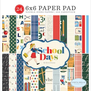 Carta Bella School Days Collection 6 X 6 Paper Pad,  24 double-sided sheets, Retro/Vintage School Theme Scrap and Papercraft