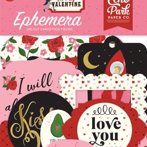 Echo Park Paper Co. Be My VALENTINE Collection Ephemera, 33 Die Cut Cardstock Pieces, Valentine/Love Theme Scrap and Papercraft