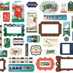 Carta Bella SUMMER Camp Collection Frames & Tags, 33 Pieces, Retro/Vintage Camping/Outdoors/Summer Camp Scrapbook and Papercraft