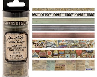 Tim Holtz idea-ology Travel Design Tape, 8 Rolls, 44 Yards, 4 Widths, Tim Holtz Travel Washi Tape, Postcard Tape/Stripes/Numbers Washi Tape