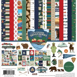 Carta Bella Paper Co. OUTDOOR ADVENTURES Collection Kit, Twelve 12X12 Double-sided Sheets and 12X12 Sticker Sheet, Camping/Hiking Papercraft